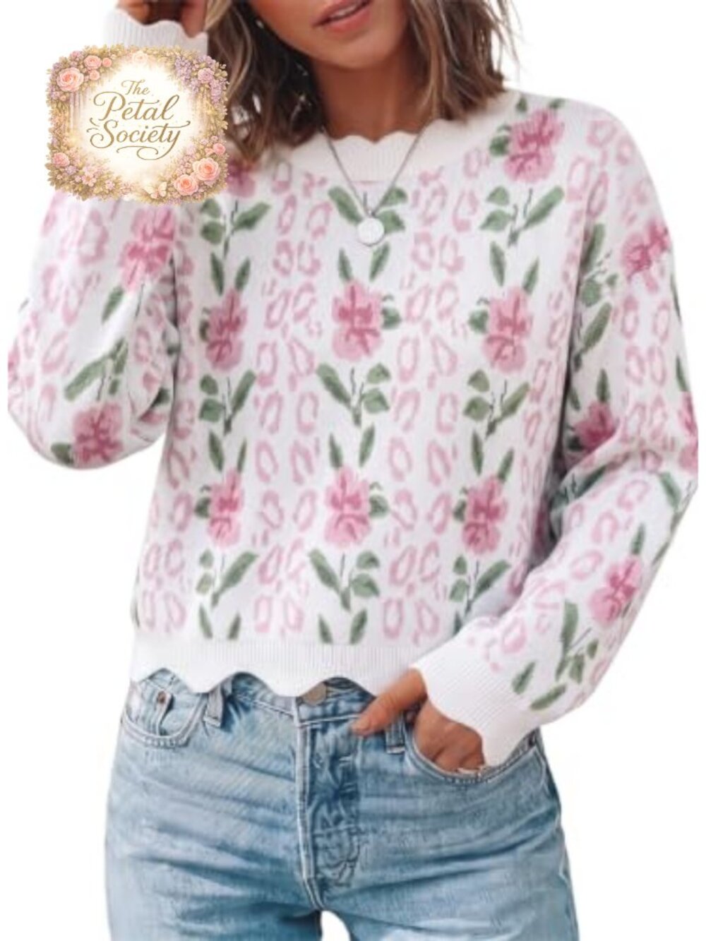 Womens Sweater Long Sleeve Scalloped Trim Cropped Pullover Casual Fall